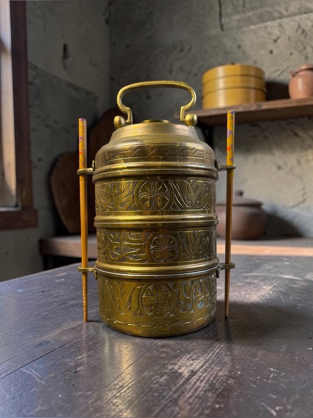 VINTAGE-STYLE BRASS TONE TIERED TIFFIN LUNCHBOX WITH LID AND CHOPSTICKS